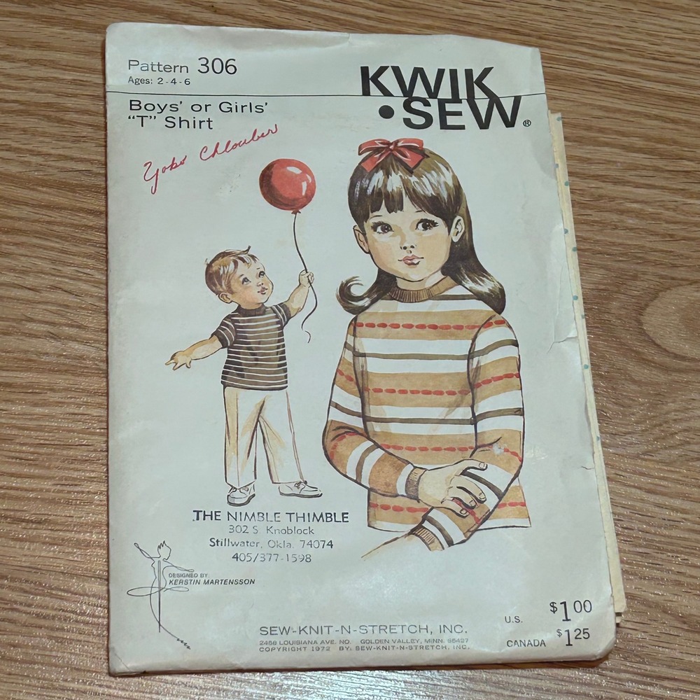 Vintage Kwik Sew 306 Boys Girls T-Shirt Sewing Pattern Size‎ 2-4-6 Kerstin 1972